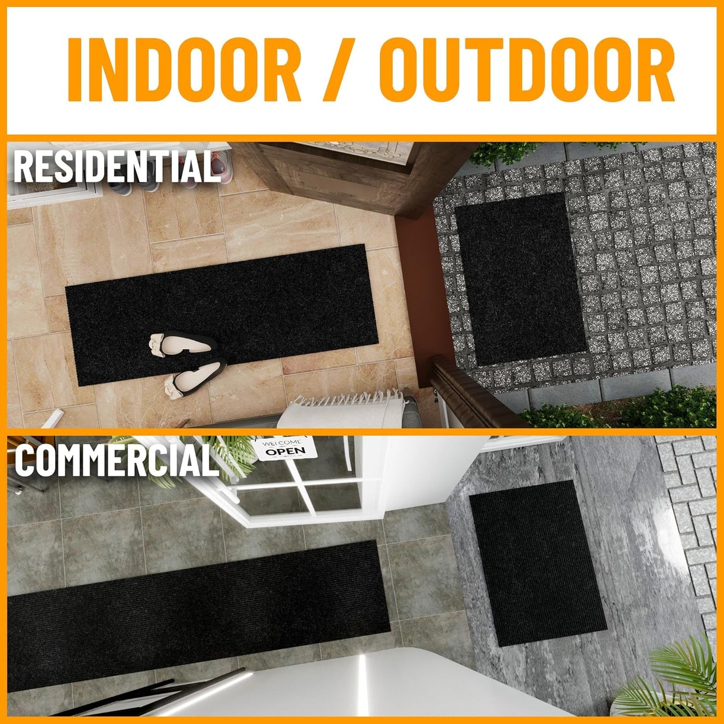 Ottomanson 2' x 19' Hallway Runner with Scraper Pile Extra Durable Non-Slip Rug Mat for Indoor & Outdoor Use - Ideal for Kitchen, Entryway, Patio & Garage - High-Traffic Carpet, Black