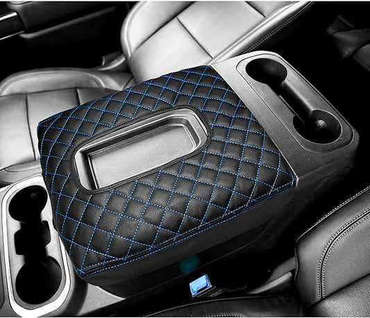 Center Console Cover for Chevy Silverado/GMC Sierra Accessories 2019-2026, Tahoe & Suburban & Yukon 2021-2026 Armrest Cover Middle Console Leather Protector Pad (Bucket Seat Consoles)(Blue Stitches)