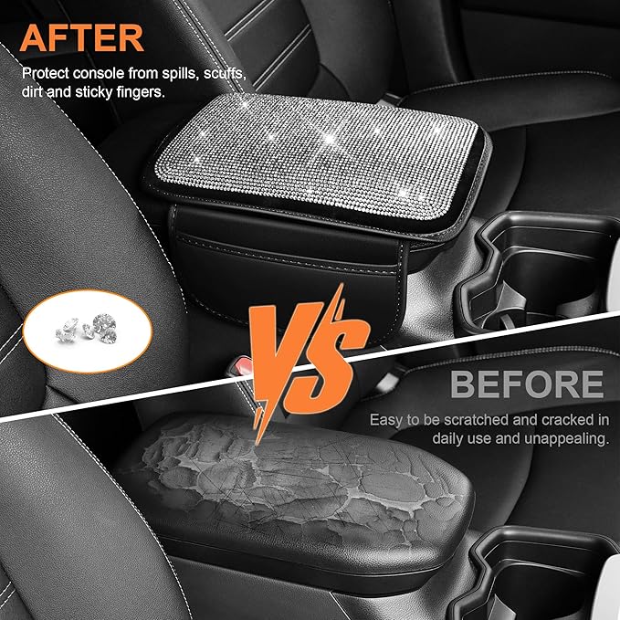 Bling Car Center Console Cover Custom Fit for Jeep Grand Cherokee L - Leather Armrest Cover with 2 Storage Pockets and Crystal Rhinestones(Black)