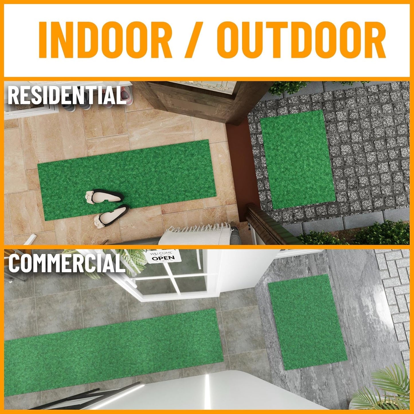 Ottomanson 2'7" x 21' Hallway Runner with Scraper Pile - Extra Durable Non-Slip Rug Mat for Indoor & Outdoor Use - Ideal for Kitchen, Entryway & Garage - High-Traffic Carpet, Green