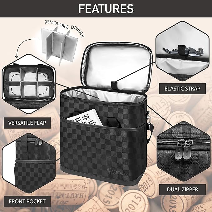 opux 6 Bottle Carrier Tote | Insulated Padded Wine Cooler Bag for Travel. Picnic, BYOB | Portable Leakproof Wine Tote Bag for Dinner, Party, Christmas, Wine Gift for Women, Men (Black Square)