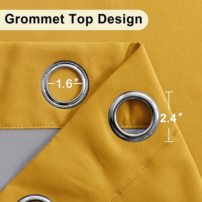 XWZO 100% Blackout Curtains 45 Inches Long with Tiebacks- Soundproof & Energy Efficiency Window Draperies Grommet Top with Black Liner for Bedroom/Living Room, Yellow, W42 x L45, Set of 2