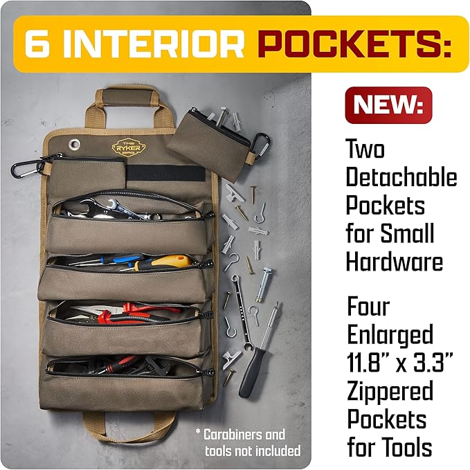 The Ryker Roll Up Tool Bag Organizer Gifts for Dad. Heavy Duty Motorcycle Tool Roll Bag Organizer. Portable Rollup Toolbag w/Detachable Pouches - Tools Bags Mens gifts for him - Mechanic & Electrician