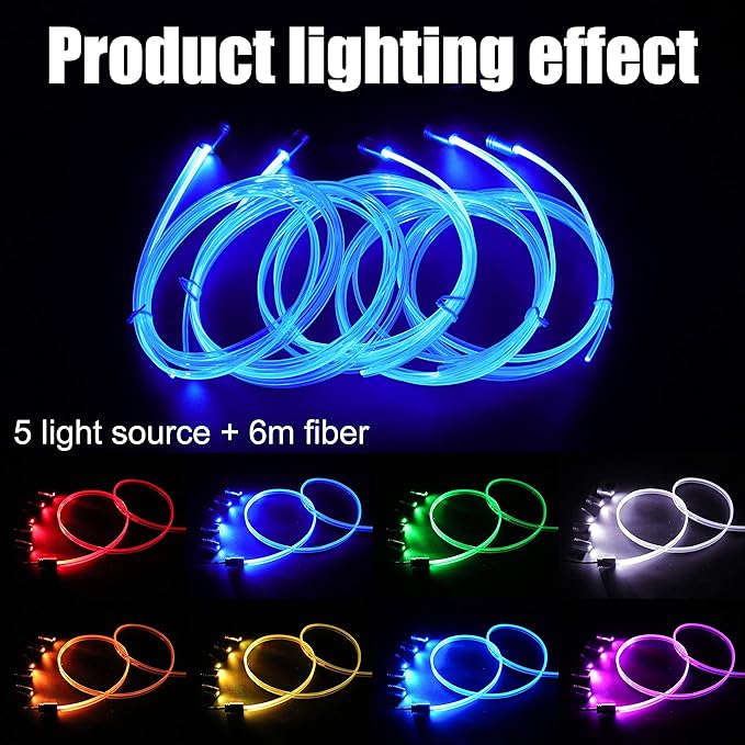 6 Meters Optic Fiber Car Ambient Lighting with Bluetooth App Control + RF Remote Control 64 Colors Multicoloured Music Interior Lighting Kit DC 12V 1W