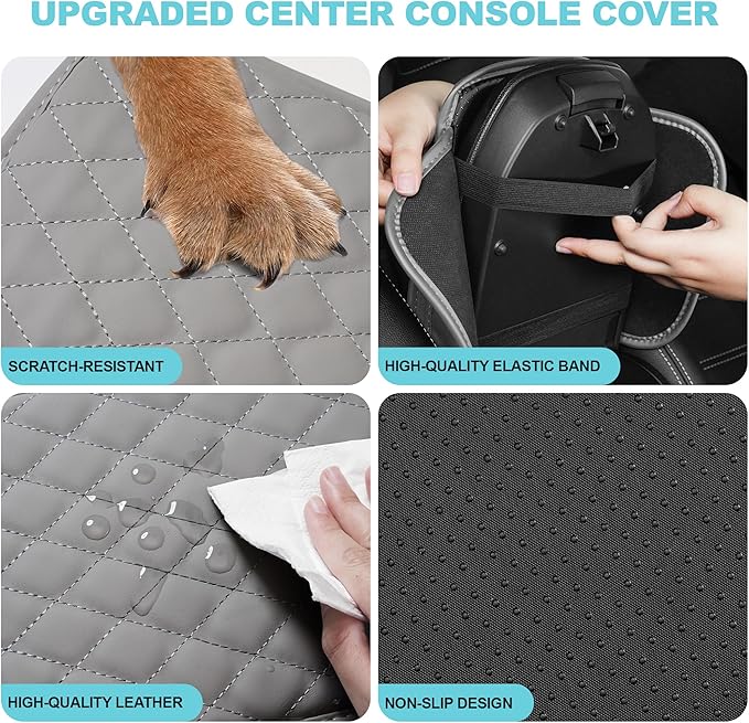 Center Console Cover Fit for Kia Sportage 2005-2025 with 2 Storage Bags Waterproof Leather Quilted Pattern Car Armrest Cover Cushion Anti - Slip(Grey&White Line)