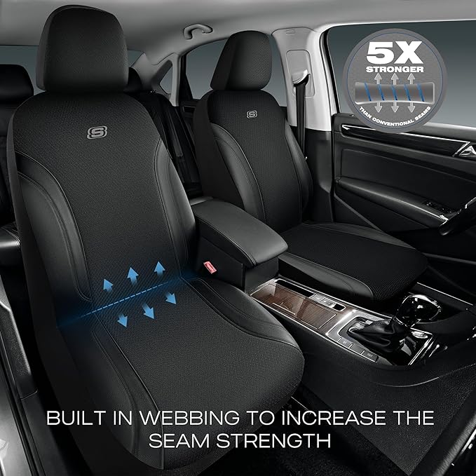 Skechers Car Seat Covers, Work Leather Seat Covers 5-Times Stronger Built-in Webbing, Oxford Fabric Front Seat Cover, Airbag Compatible, Automotive Comfort for Cars, Trucks, SUVs,Black