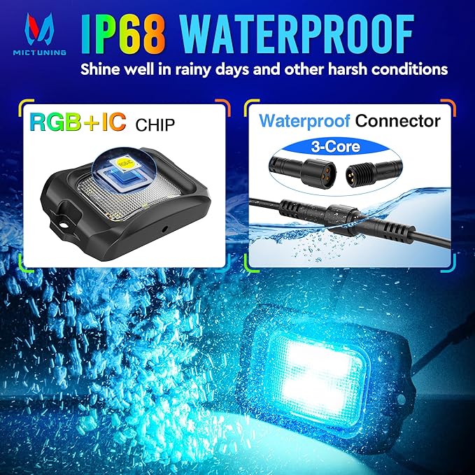 MICTUNING C2+ RGB+IC Rock Lights - 8 Pods Dynamic Chasing Color Underglow Neon Kit, Extensible to 24 Pods, Bluetooth APP Control & IP68 Waterproof, for Trucks Cars ATV UTV Golf Cart (2 Year Warranty)