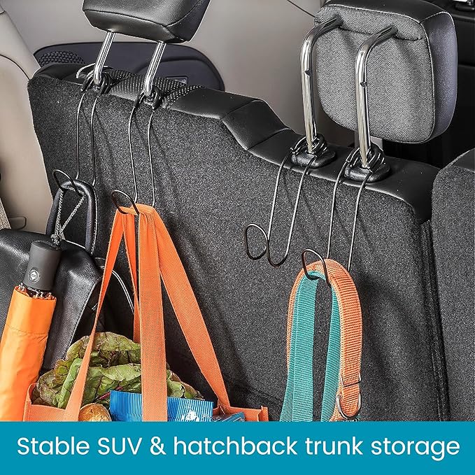 High Road Unbreakable Car Bag Hooks - Large Car Seat Hooks for Purse, Backpack, Coats, Hats and Heavy Bags up to 40 lbs - Secure Attachment Fits All Headrest Posts, 6-Pack