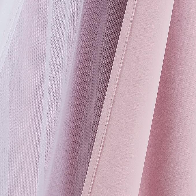 Bujasso Pink Blackout Curtains with Sheer Overlay Mix and Match Double Layer 80% Room Darkening Window Treatment Set for Girls Bedroom Living Room Pink Drapes with Tiebacks Grommet Top 54" Wx90 Lx2