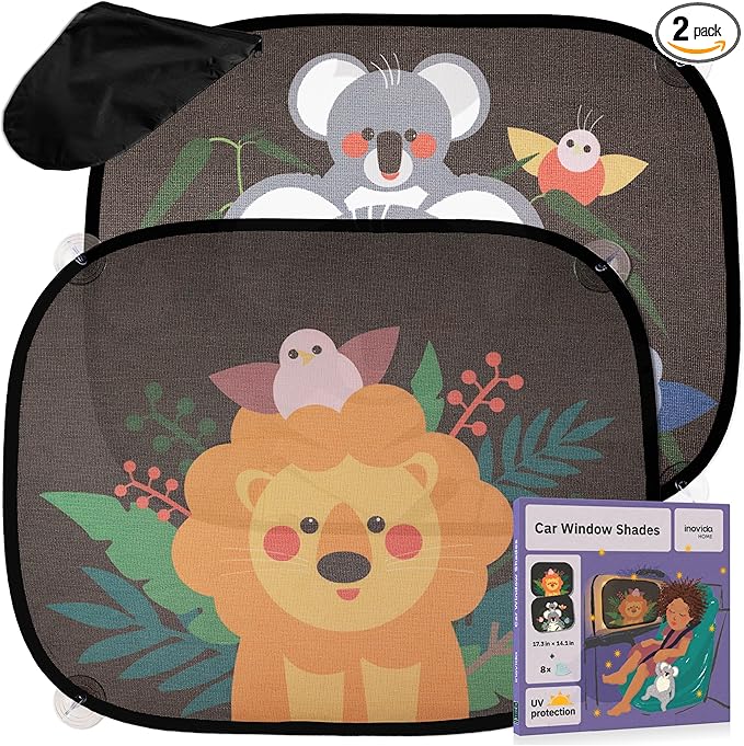 Car Sun Shades for Kids – 2-Pack Baby Window Shades with UV Protection – Cute Animal Design with Suction Cups – 17"x14" Sun Protection for Car Windows – by Inovida