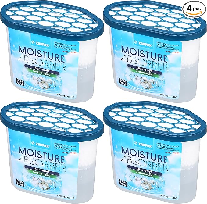 ZARPAX Moisture Absorber Fresh Cotton 10.5 oz/300g | Removes Moisture, Damp & Humidity | Odor Absorber With Fresh Cotton Fragrance | Moisture Trap for Bathroom, Closet, Kitchen | Set of 4
