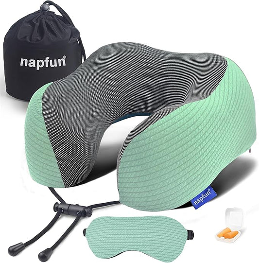 napfun Neck Pillow for Traveling, Upgraded Travel Neck Pillow for Airplane 100% Pure Memory Foam Travel Pillow for Flight Headrest Sleep, Portable Plane Accessories, Turquoise Striped Kit