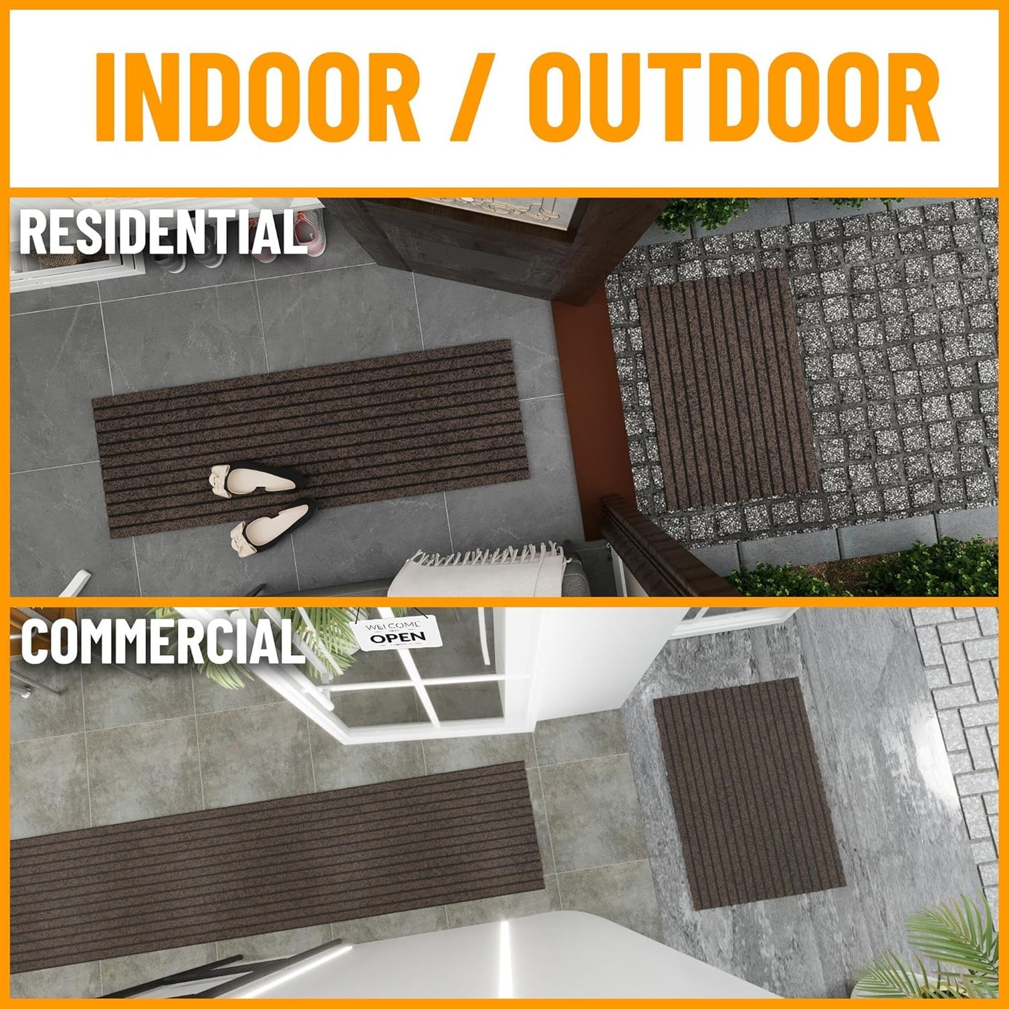 Ottomanson 2'7" x 18' Hallway Runner with Scraper Pile - Extra Durable Non-Slip Rug Mat for Indoor & Outdoor Use - Ideal for Kitchen, Entryway & Garage - High-Traffic Carpet, Brown
