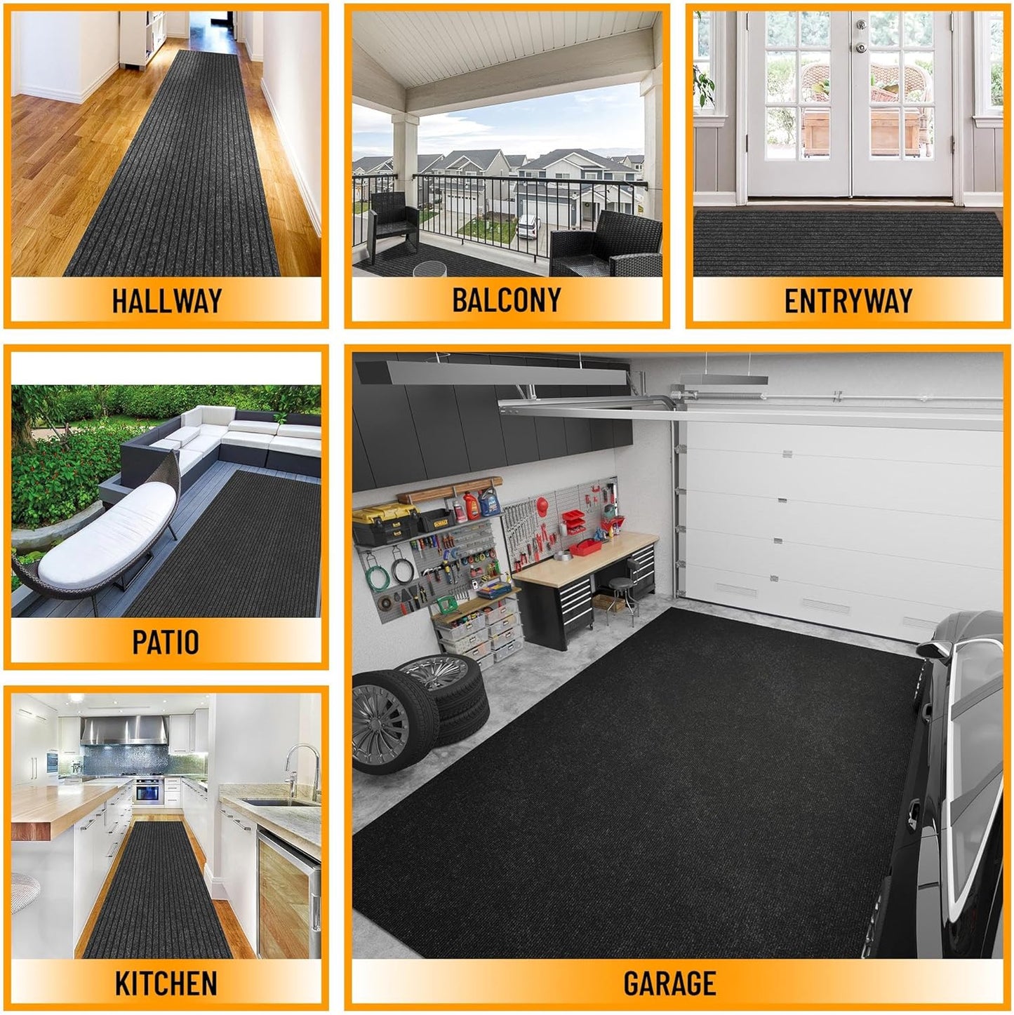 Ottomanson 2' x 10' Hallway Runner with Scraper Pile Extra Durable Non-Slip Rug Mat for Indoor & Outdoor Use - Ideal for Kitchen, Entryway, Patio & Garage - High-Traffic Carpet, Black