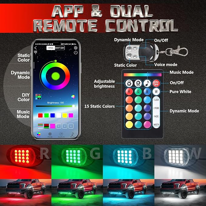 20 Pods RGBW LED Rock Lights for Trucks Offroad Pickup Trailer Sedan SUV Cars, Waterproof Multicolor Neon Underglow Kit with Bluetooth APP/RF Remote, Vehicle Accent Underbody Light Underneath 12V