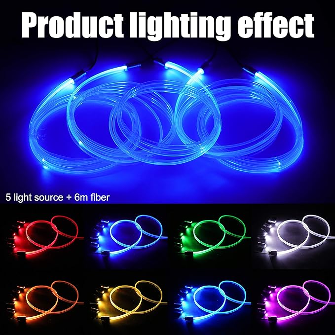 Car Atmosphere Light Kit 6m Fiber Optic RGB Multicolor Sound Active Music Sync Memory Function Bluetooth APP Control 64 Colors USB Car Interior Ambient Lighting Kit DC 12V