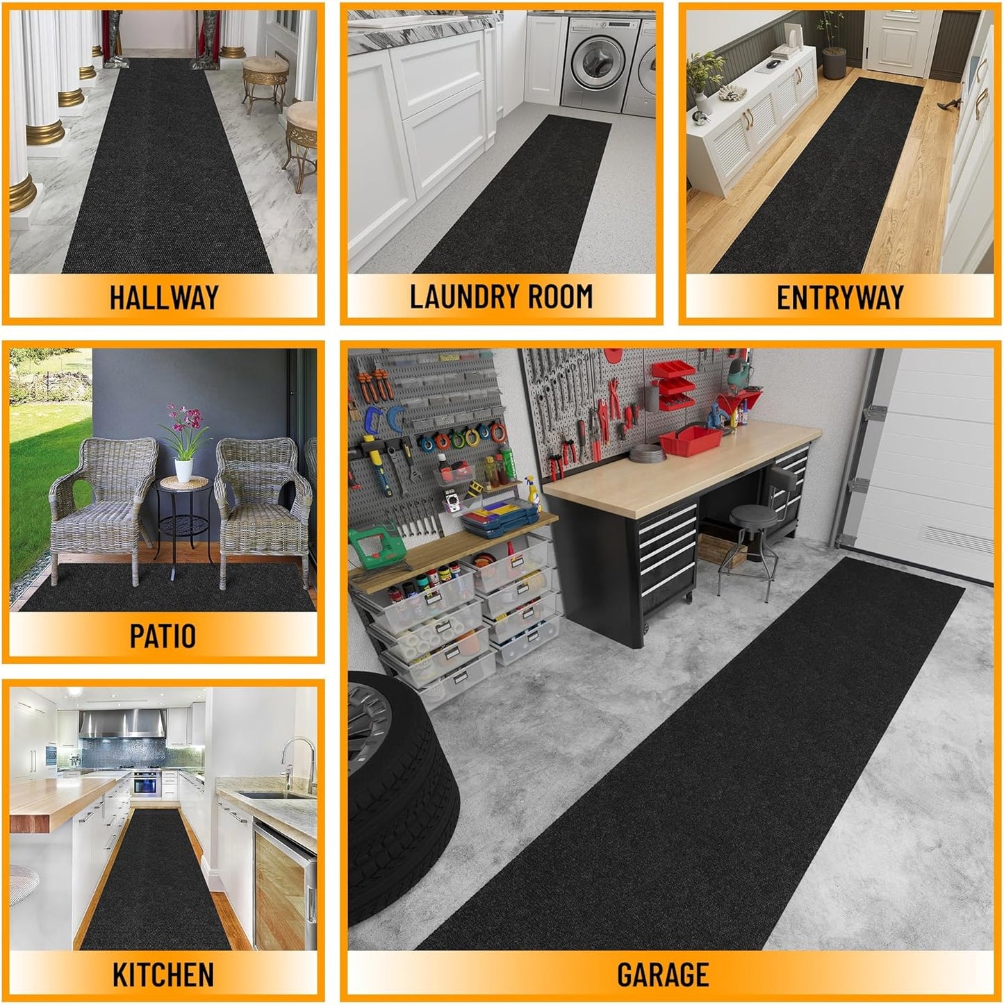 Ottomanson 2' x 38' Hallway Runner with Scraper Pile Extra Durable Non-Slip Rug Mat for Indoor & Outdoor Use - Ideal for Kitchen, Entryway, Patio & Garage - High-Traffic Carpet, Black