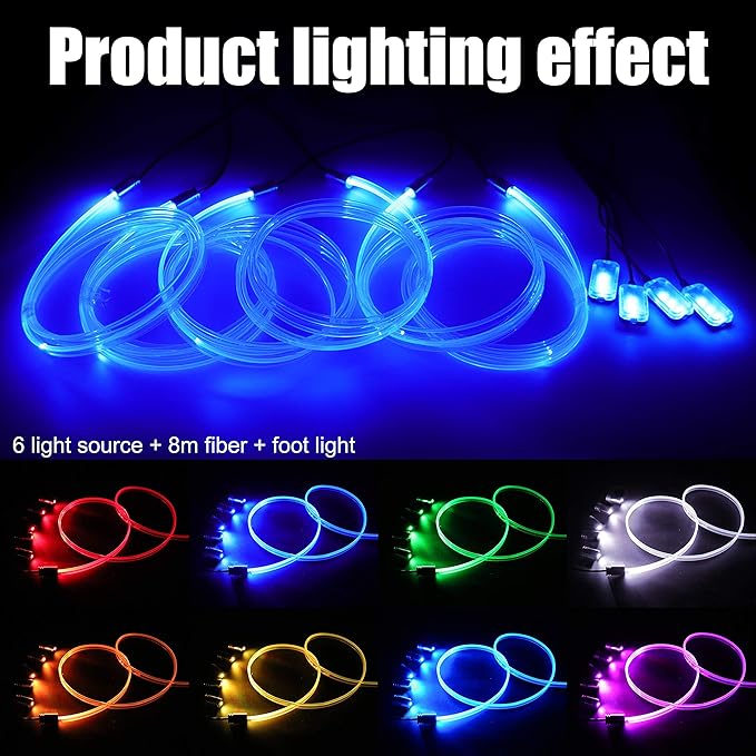 Car Interior Strip Lights, 6 in 1 Multicolor RGB Car Footwell Ambient Lighting Kit, 8m Fiber Optic EL Neon Tube Light, DIY Mode Music Sync RF Remote Control + APP Control DC 12V