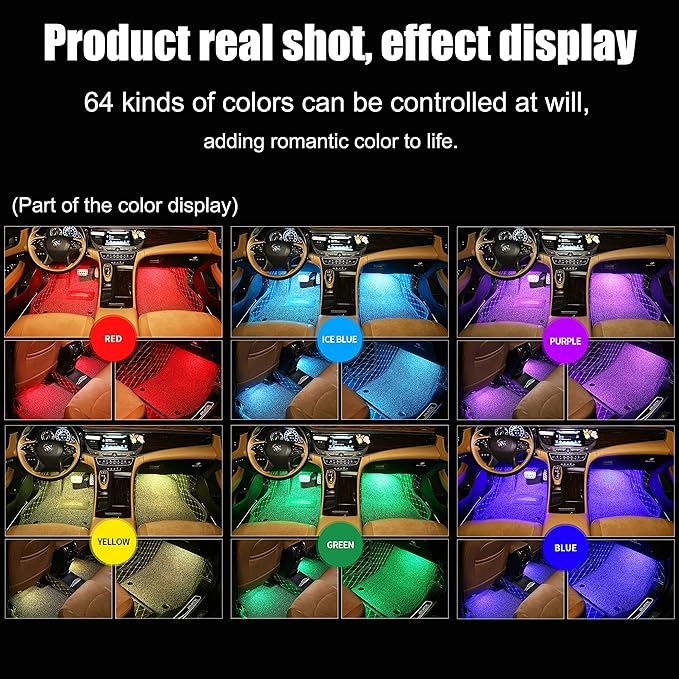Car Ambient Lighting Kit Bluetooth App Control 64 Colors Multicoloured Music Interior Footwell Lighting Kit 12V