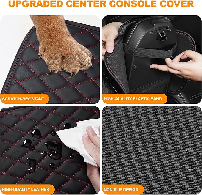 Center Console Cover for Cars Fit for Jeep Cherokee Leather Armrest Covers with 2 Storage Bags(Black&Red)