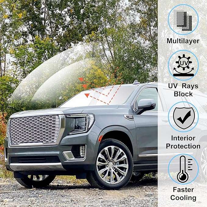Windshield Sun Shade Custom Fit for 2021 2022 2023 2024 2025 GMC Yukon XL/Chevrolet Suburban Accessories Foldable Sunshade Sun Blocker Protect Car from Sun Rays & Heat Damage Keep Car Cooler