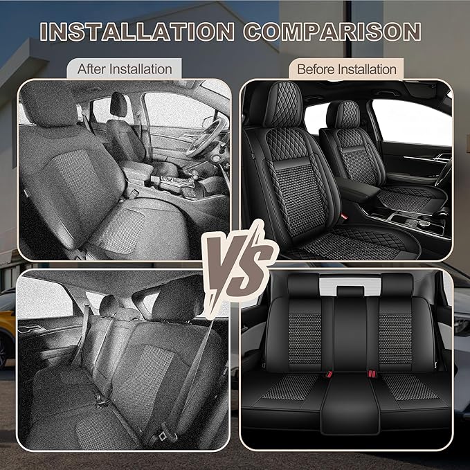 TTX LIGHTING for Honda Pilot 2005-2016 Car Seat Covers, Breathable Ice Silk & Leather Seat Protector, Cool & Anti-Sweat for Long Driving, Airbag Compatible, 5 Seats Full Set (Black)