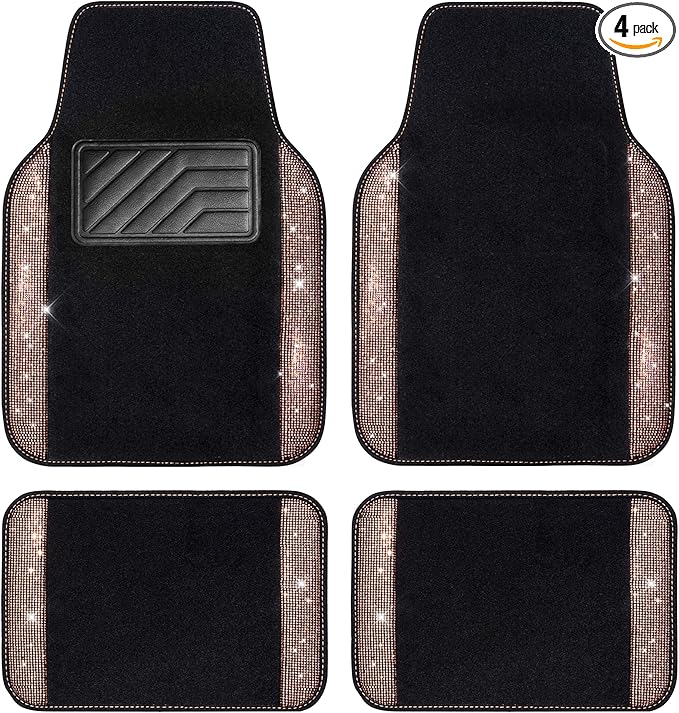 CAR PASS Bling Rhinestone Diamond Car Floor Mat, Crystal Sparkly Shining Glitter Carpet Waterproof Anti-Slip PVC Heel Pad, Universal for Interior Auto SUV,Sedan,Van,4pcs Girl Women Men, Champagne Gold