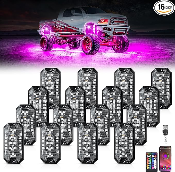 RGB Rock Lights, 16 pods Underglow Neon Lights Kits，APP/RF Remote Control & Music Mode, Waterproof Wireless Multicolor Lamps for Off Road Truck SUV ATV UTV Boat
