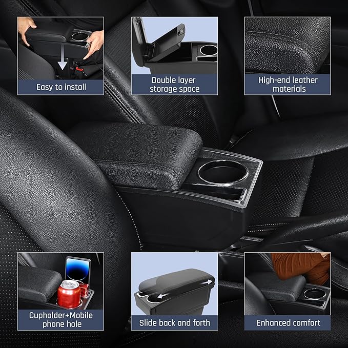 YJYWZH Car Armrest Box for Nissan Kicks Accessories 2016-2021 Center Console Storage Organizer Double Layer Space with Cup Holder Mobile Phone Holder (Black Thread)