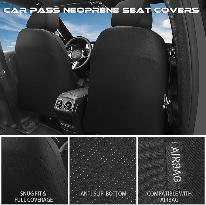 CAR PASS Waterproof Car seat covers Front Seats covers Neoprene Wetsuit, All-Weather Non-Slip Durable, Universal Fit for SUV Sedans Trucks Vans Automotive, Armrest Airbag Compatible, 3D Emboss 2 Black