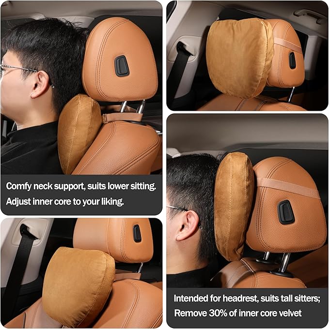 2pcs Car Neck Pillow for headrests,Support Drive Seats Head Cushion Pillows,Superfiber Suede,Plant-Based Polyester,Thickness & Height Adjustable,11.8x7.5,Inner Liner fillable(Off-White)