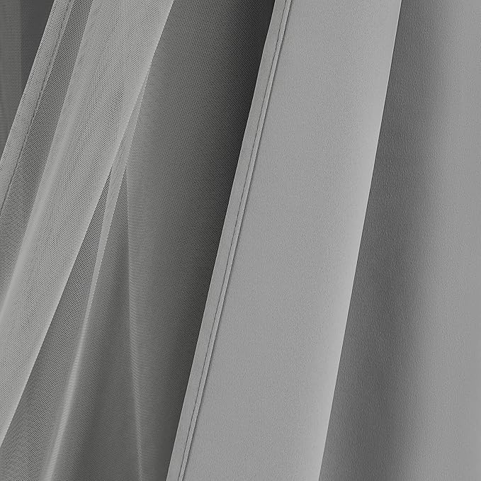 Bujasso Grey 90% Blackout Curtains with Sheer Overlay Mix and Match Double Layer Window Curtains Thermal Insulated 84 inch for Living Room Bedroom Gray Drapes with Tiebacks Grommet Top 37" Wx84 Lx2