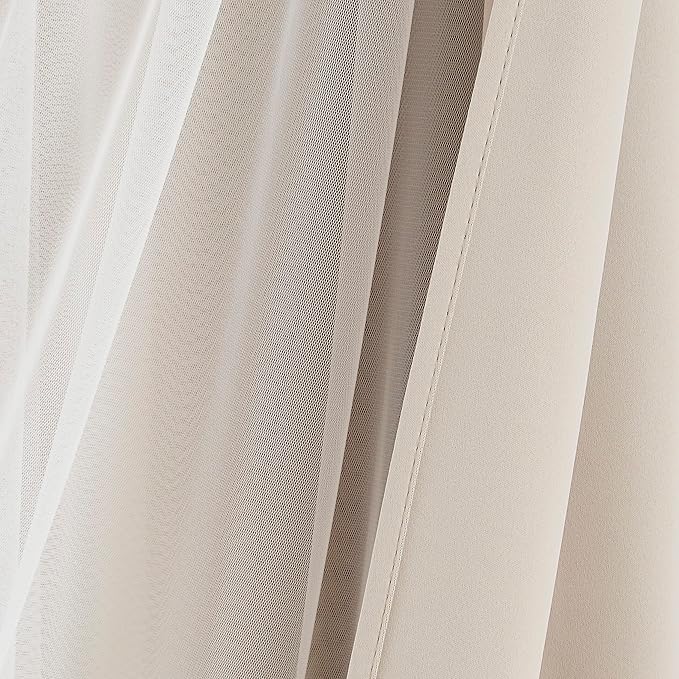 Bujasso Beige 80% Blackout Curtains with Sheer Overlay Mix and Match Double Layer Thermal Insulated Window Panels 108 inch for Living Room Bedroom Beige Drapes with Tiebacks Grommet Top 37" Wx108 Lx2